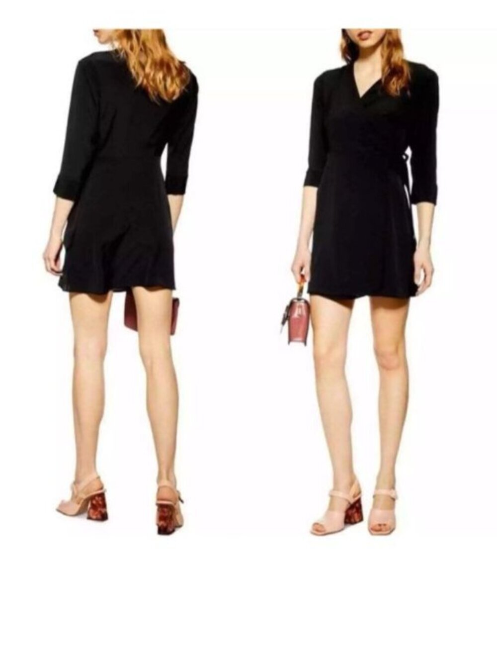 Topshop 3/4 Sleeve Belted Wrap Mini Dress Black, Size 2 V-Neck, Date Night Party